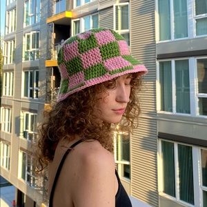 Crocheted checkered bucket hat